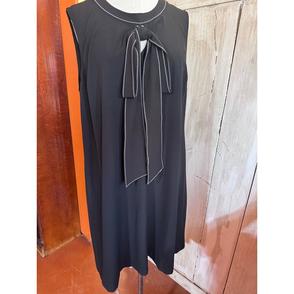 Maison Jules Womens XL Black Shift Dress Bow Neck Tie Sleeveless Contrast Stitch